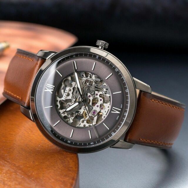 Fossil ME3161 Neutra Automatic Grey Open Heart Dial Brown Leather Strap Men's Watch - mzwatcheslk srilanka