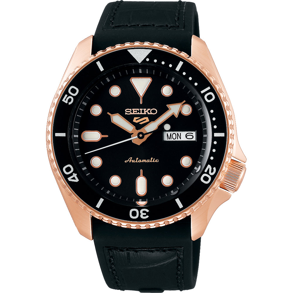 Seiko 5 Sports SRPD76K1 Specialist Automatic Rose Gold & Black Men's Watch - mzwatcheslk srilanka