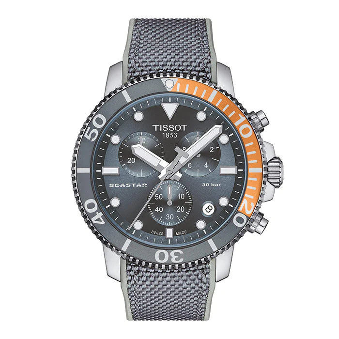 Tissot T1204171708101 Seastar 1000 Chronograph Grey Dial Grey Fabric Silicone Strap Men’s Watch - mzwatcheslk srilanka