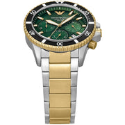 Emporio Armani World Explorer Solar Chronograph (43.5mm) AR11695 Green Dial / Two-Tone Stainless Steel Bracelet Men’s Watch