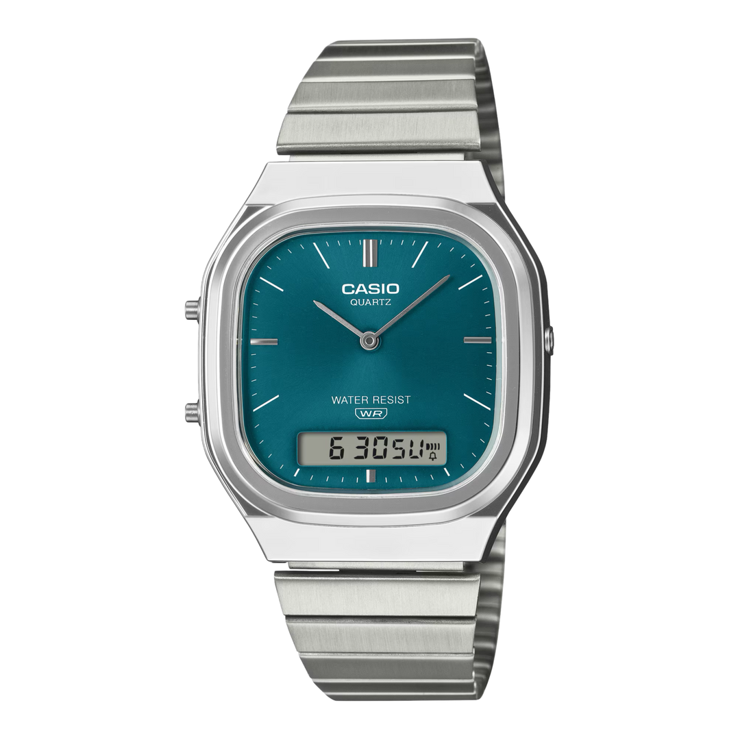 Casio Vintage AQ-240E-3ADF Dual-Display (35.8mm) Turquoise Sunray Dial / Stainless Steel Bracelet Unisex Watch
