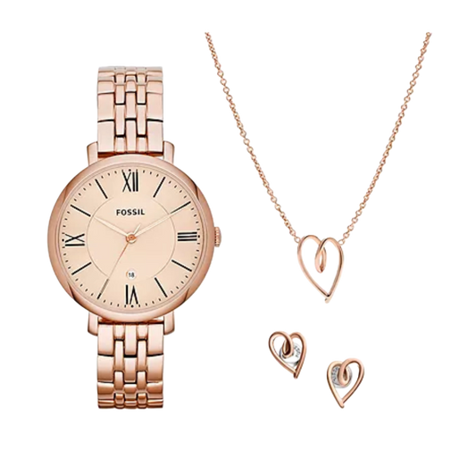 Fossil Jacqueline Stainless Steel Rose Gold Tone Dial Quartz ES5252SET Women's Watch With Gift Set