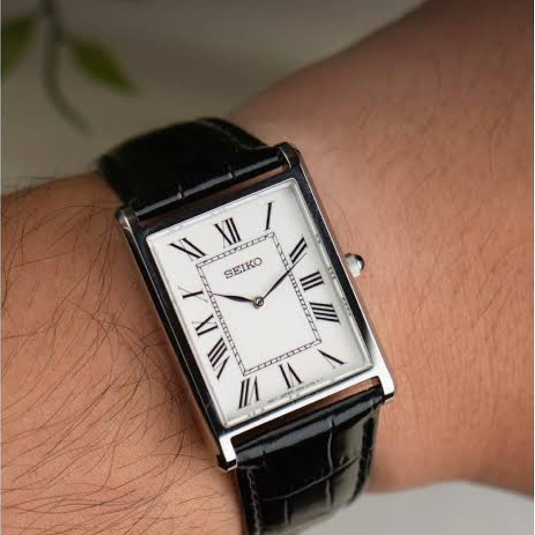 Seiko Essentials (Tank) SWR103P1 Analog Sapphire Crystal Leather Strap Men’s Watch