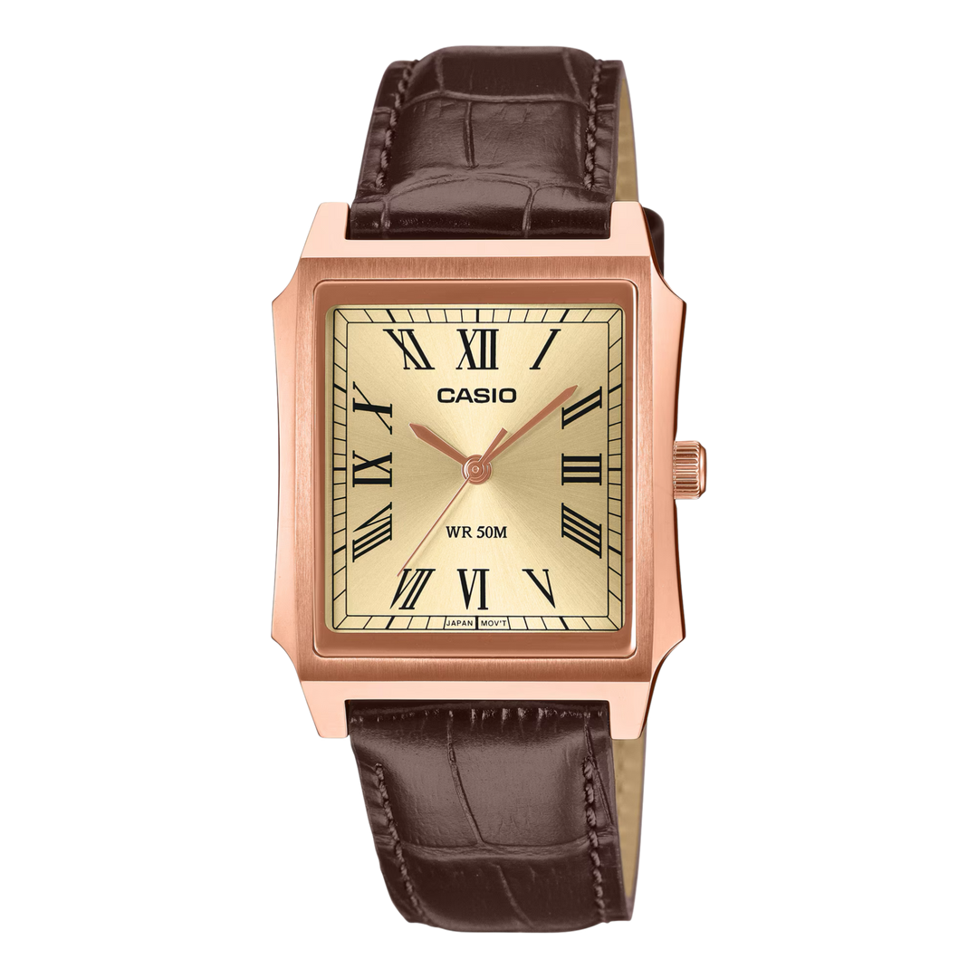 Casio Standard (Cartier Tank Type) Analogue MTP-B190RGL-9BV Rose Gold Case Leather Strap Men’s Watch