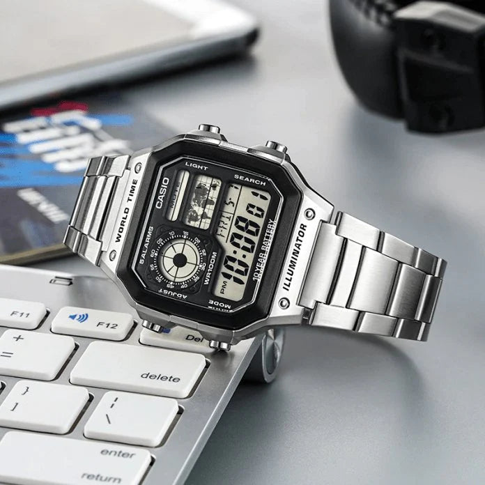 Casio ‘Royale’ Digital Multifunction World Timer Quartz AE-1200WHD-1AV ‘Popular’ Men's Steel Watch