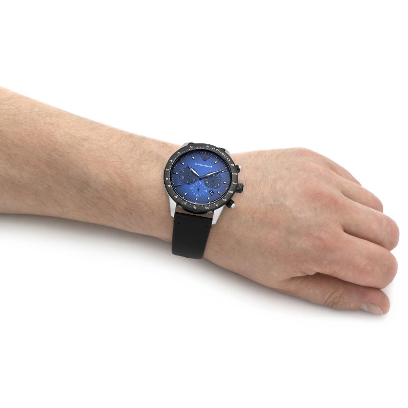 Emporio Men\'s Black Strap – mzwatcheslk Blue Chronograph Armani Leather Dial AR11522
