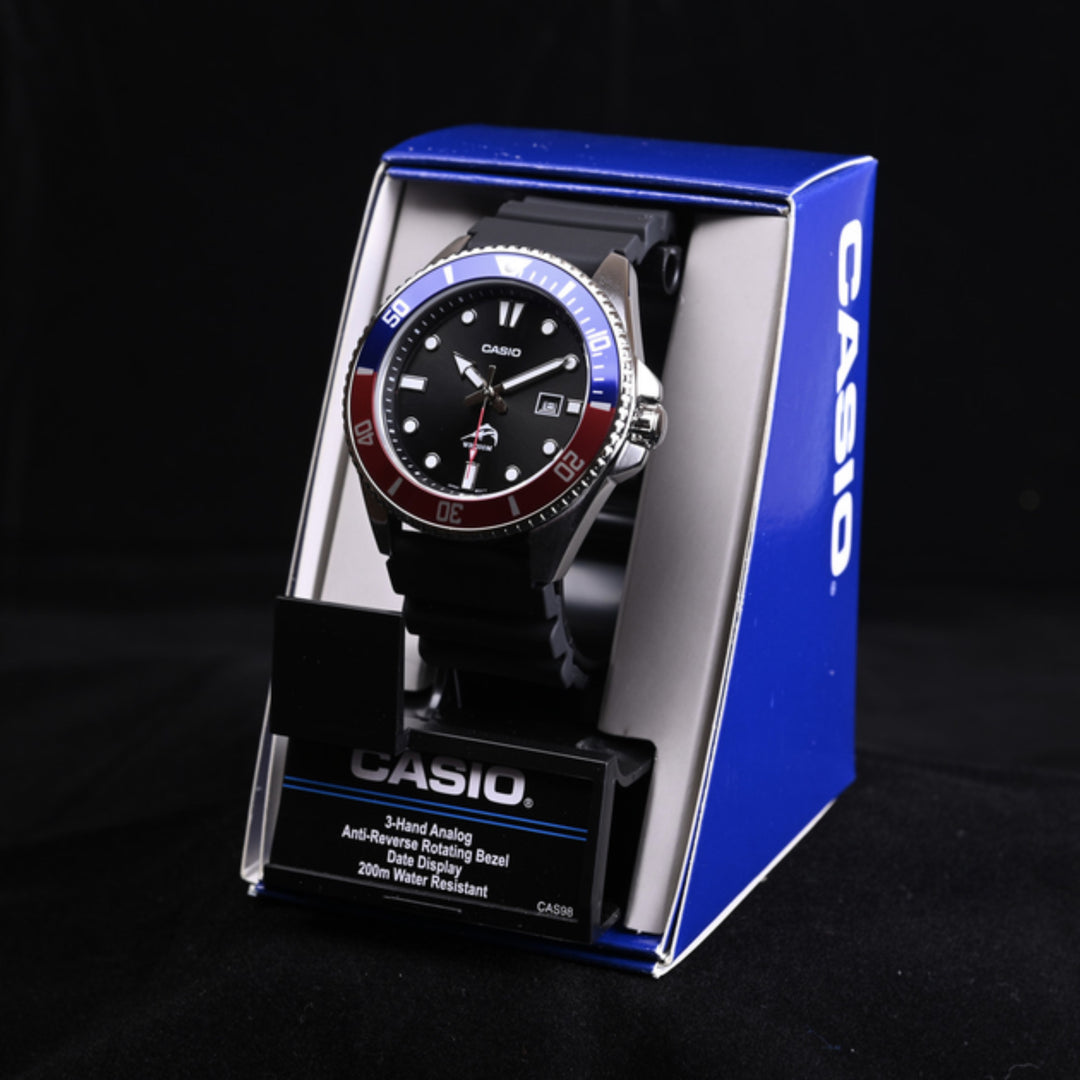 Casio Duro Marlin Diver MDV-106B-1A2 ‘Pepsi Bezel’ Rubber Strap Black Dial Men's Watch