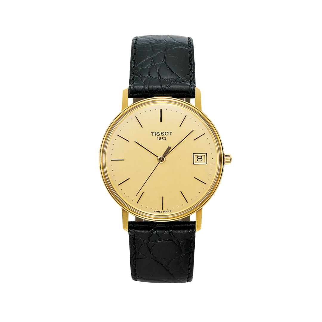 Tissot T71340121 Goldrun Hesalite 18K Gold Black Leather Strap Men's Watch