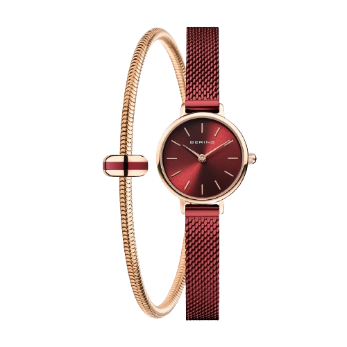 Bering 11022-363-LOVELY-5-GWP190 Classic Rose Gold Bracelet Gift Set 22mm Red Sunray Dial Red PVD Stainless Steel Mesh Women’s Watch