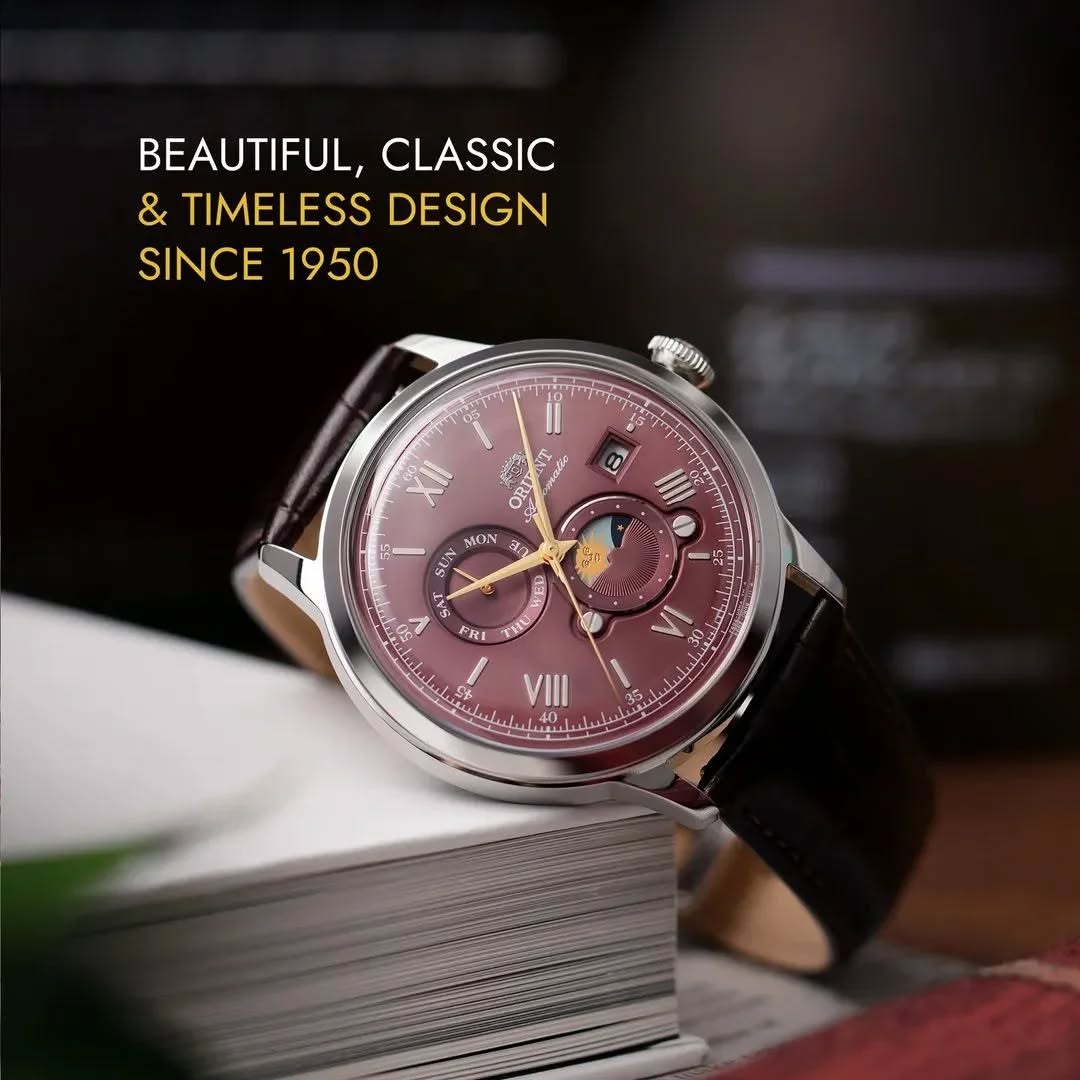 Orient Bambino RA-AK0807R Sun & Moon Automatic (41.5mm) Bordeaux Dial / Brown Leather Strap Men's Watch