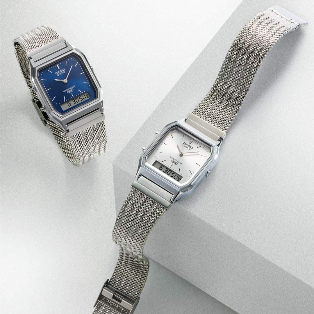 Casio Vintage AQ-230EM-7A Dual Time Display 30mm Silver Dial Mesh Band Stainless Steel Men’s & Womens Watch