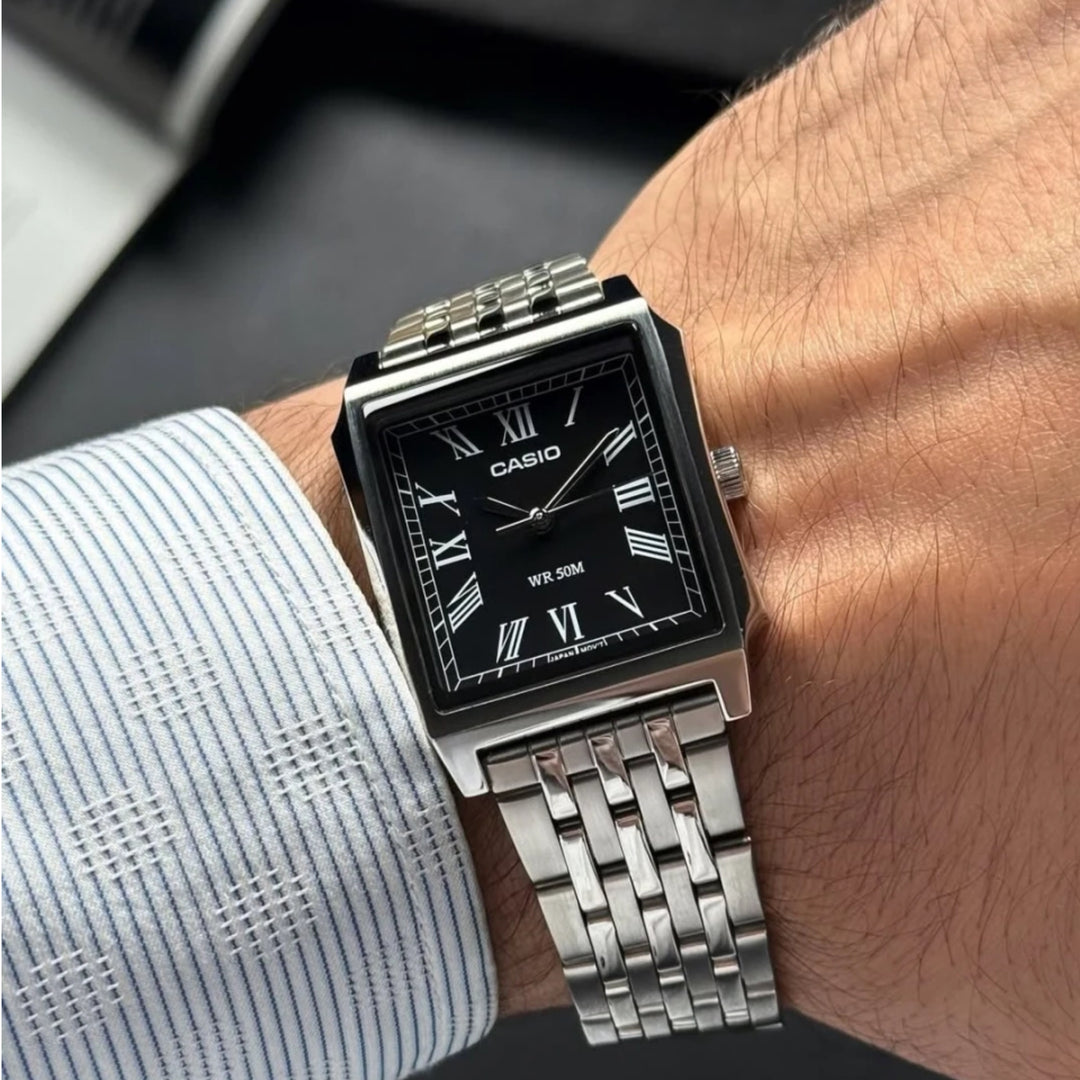 Casio Standard (Cartier Tank Type) Analogue MTP-B190D-1BV Quartz Black Dial Steel Strap Men’s Watch