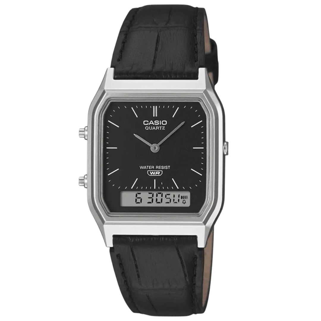 Casio Vintage AQ-230EL-1A Dual Display (29.8mm) Black Sunray Dial / Leather Strap Men’s & Womens Watch