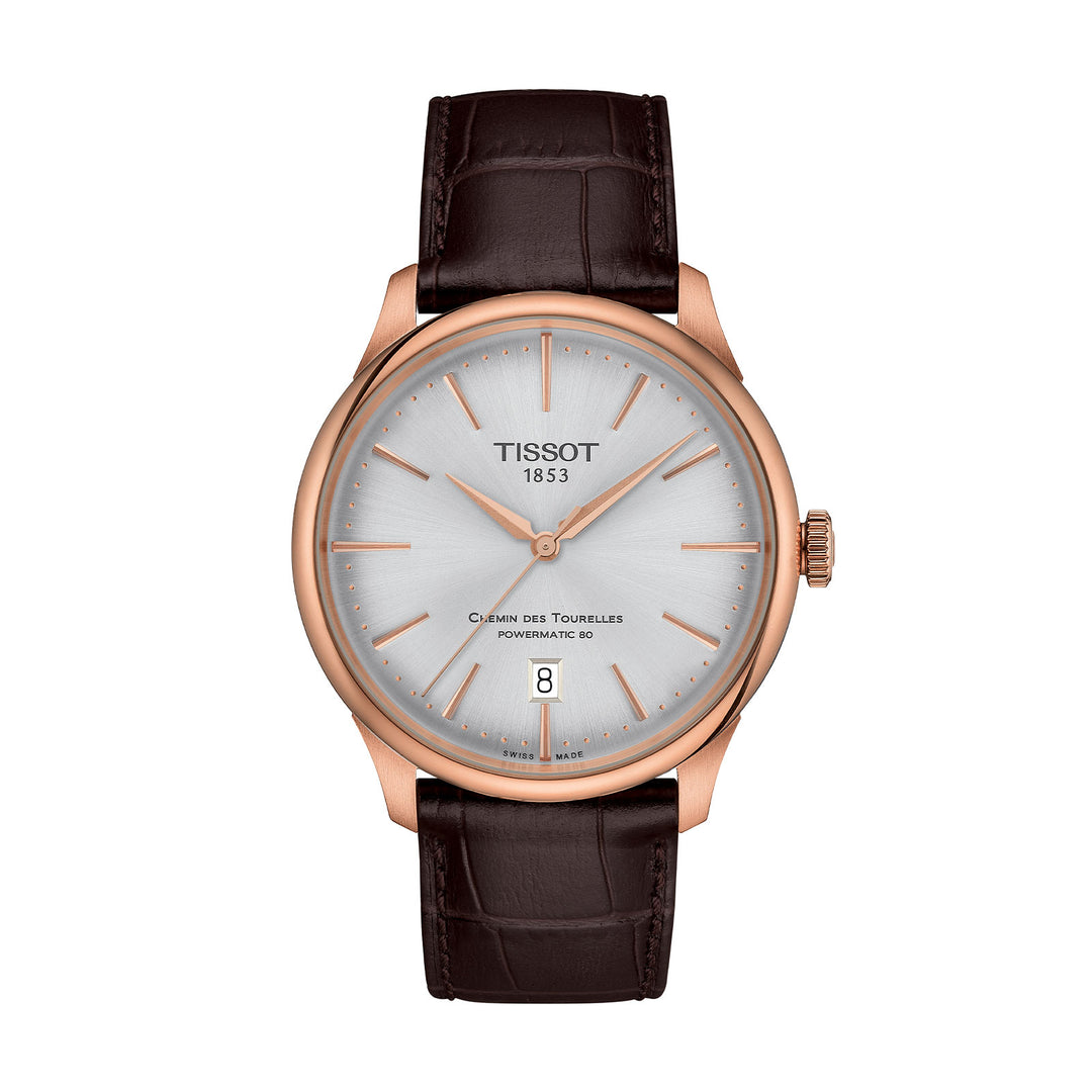 Tissot T1398073603100 Chemin Des Tourelles Powermatic 80 Silver Dial Brown Leather Strap Men's Watch - mzwatcheslk srilanka