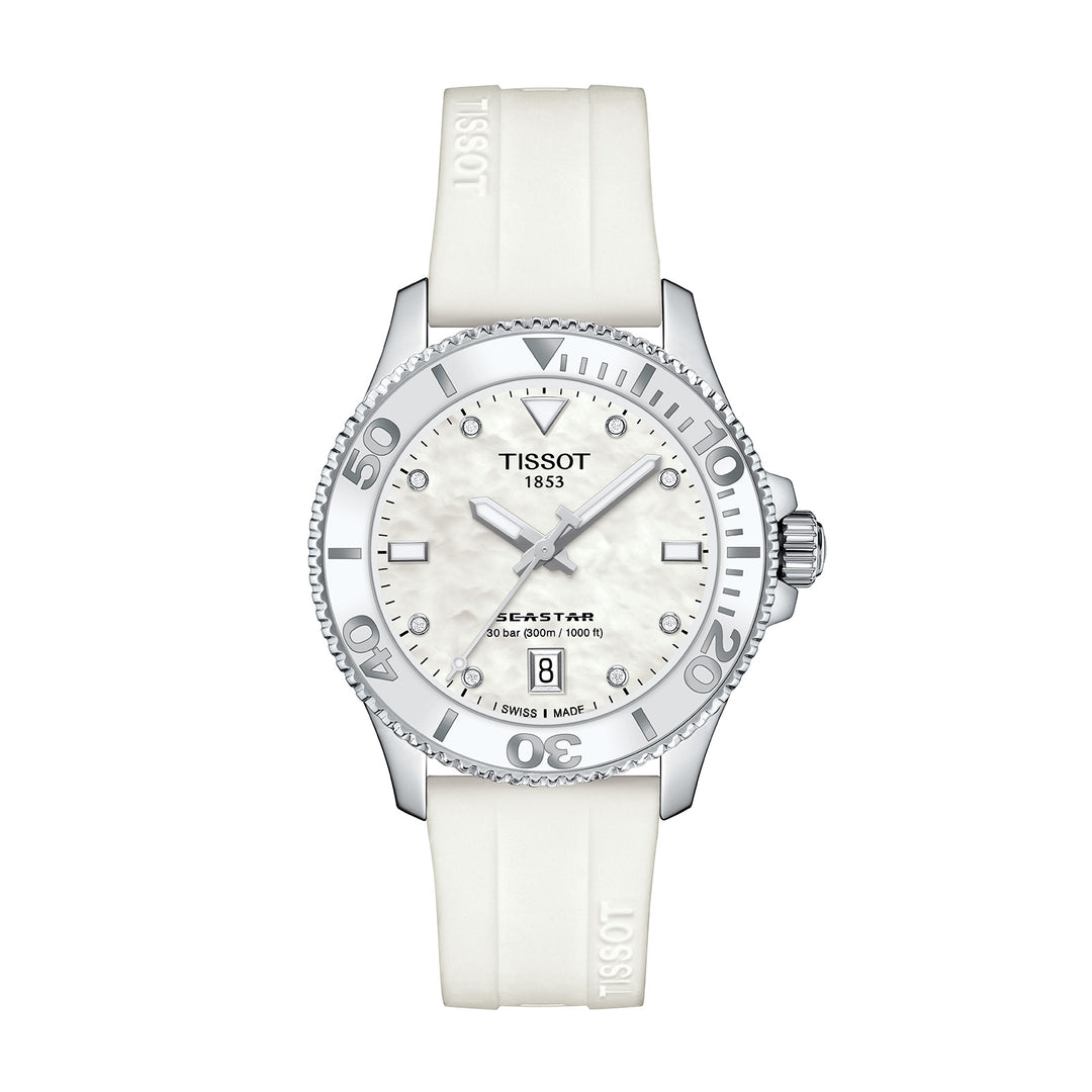 Tissot  T1202101711600 Seastar 1000 36mm Mother of Pearl Dial White Silicone Strap Men's Watch - mzwatcheslk srilanka