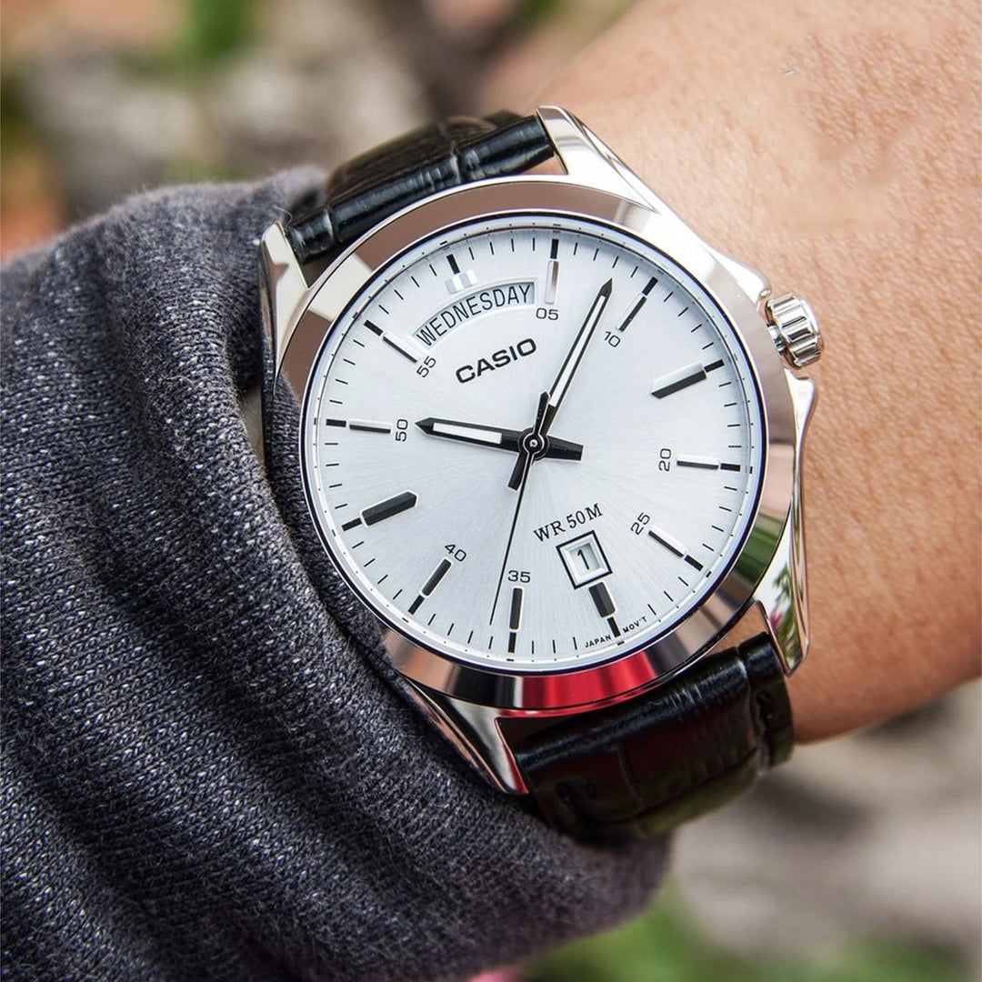 Casio Analog Silver Dial (Rolex Style) MTP-1370L-7AVDF Leather Strap Men's Watch