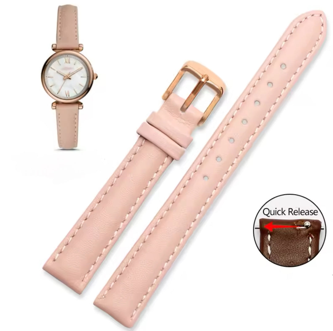 12mm Pink with Gold Buckle Soft Cowhide Watchband for Casio, Citizen, DW, Fossil Plain Genuine Leather Watch band for Women’s Watch