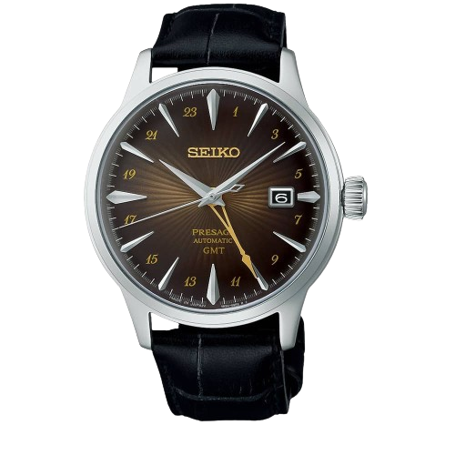 Seiko SSK039J1 Presage Rusty Nail Cocktail Time GMT 40.5mm Brown Dial Brown Leather Strap Men's Watch