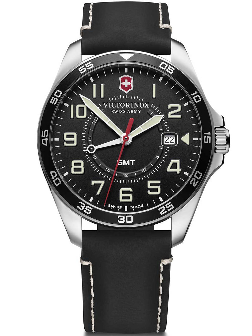 Victorinox Swiss Army 241895 FieldForce GMT Black Leather Strap Black Dial Men's Watch - mzwatcheslk srilanka