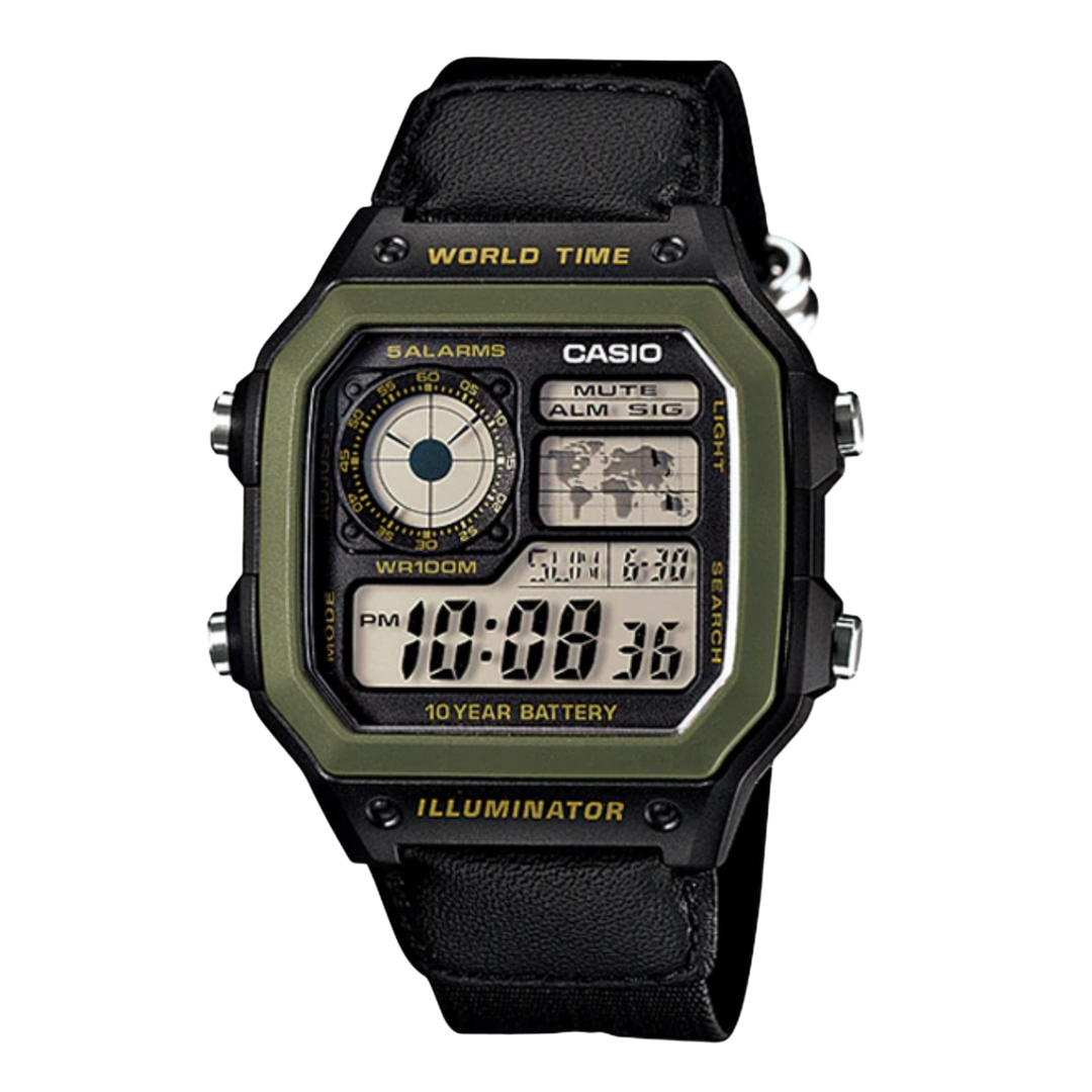 Casio Royale AE-1200WHB-1BVDF World Time Alarm Digital Black Canvas Strap Mens Watch