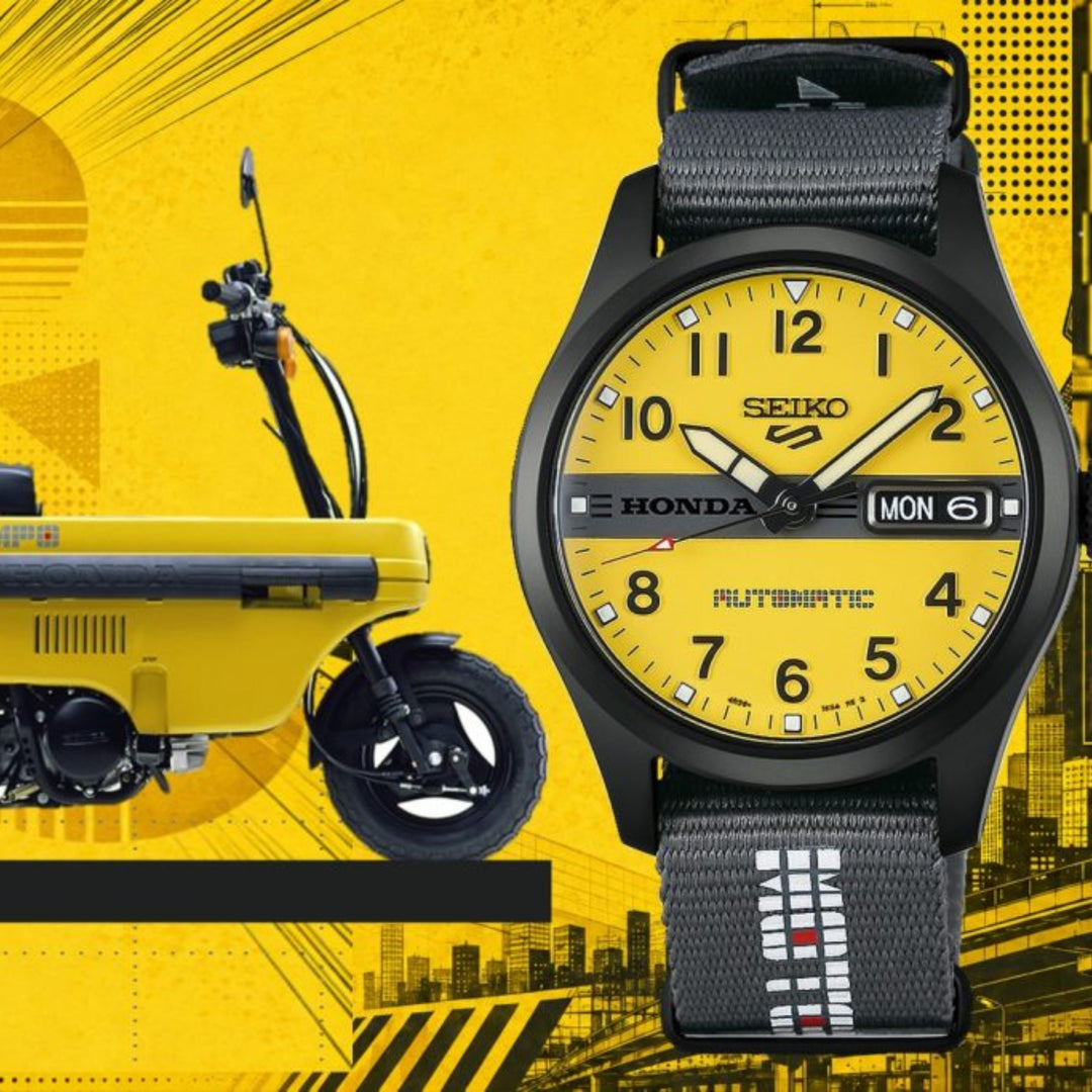 Seiko 5 Sports x Honda HDB010K1 Motocompo Limited Edition (36.4mm) Yellow Dial / Grey Nylon Strap Men's Watch