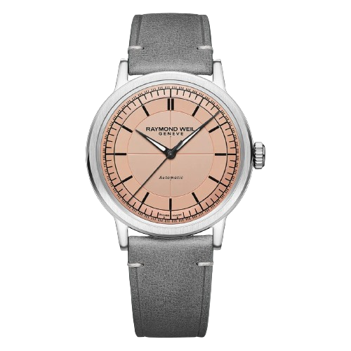 Raymond Weil 2925-STC-80001 Millesime Automatic 39.5mm Salmon Pink Dial Grey Calf Leather Strap  Men’s Watch