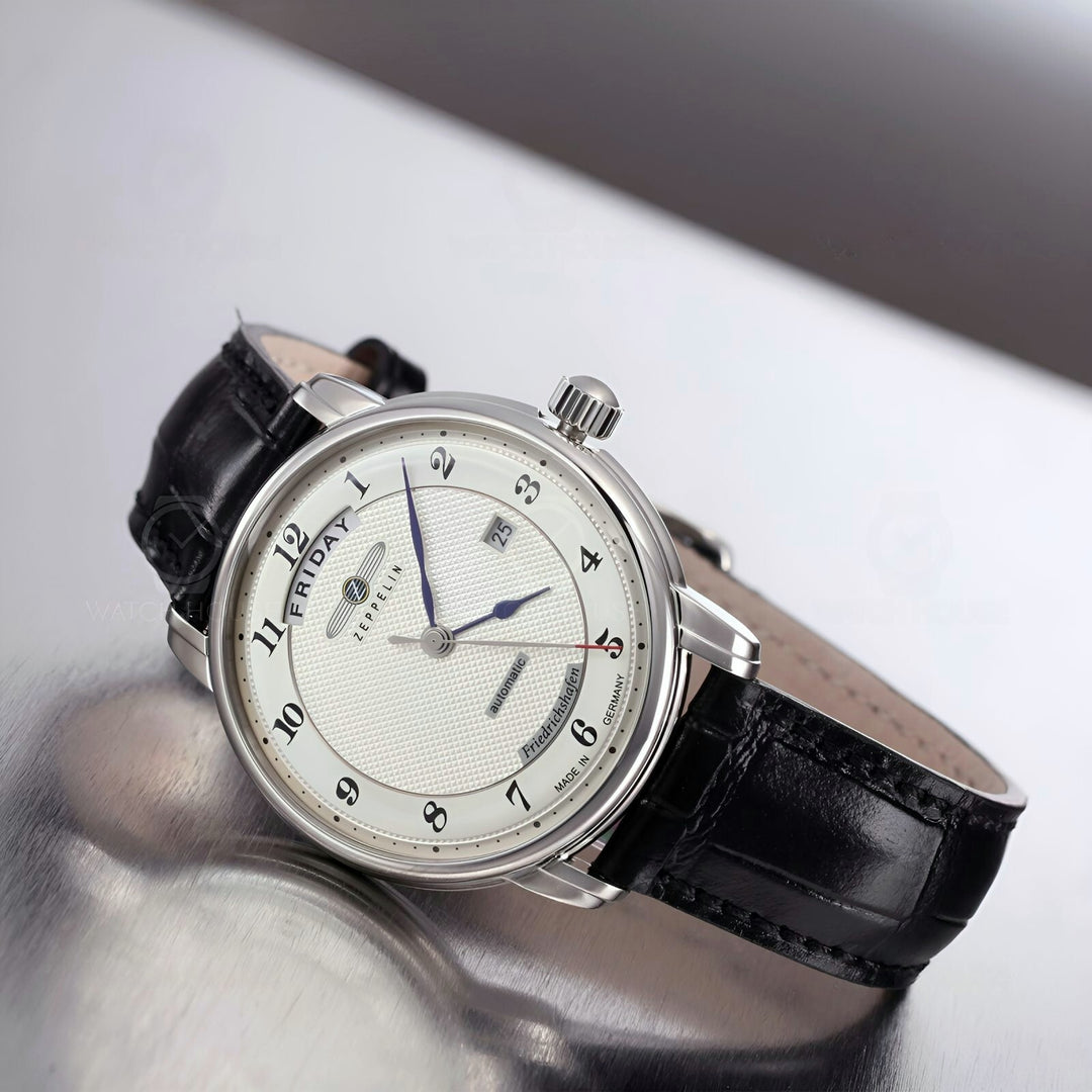 Zeppelin Friedrichshafen 8562-4 Day/Date Automatic (40mm) Silver Clous de Paris Dial / Brown Leather Strap  Men's Watch