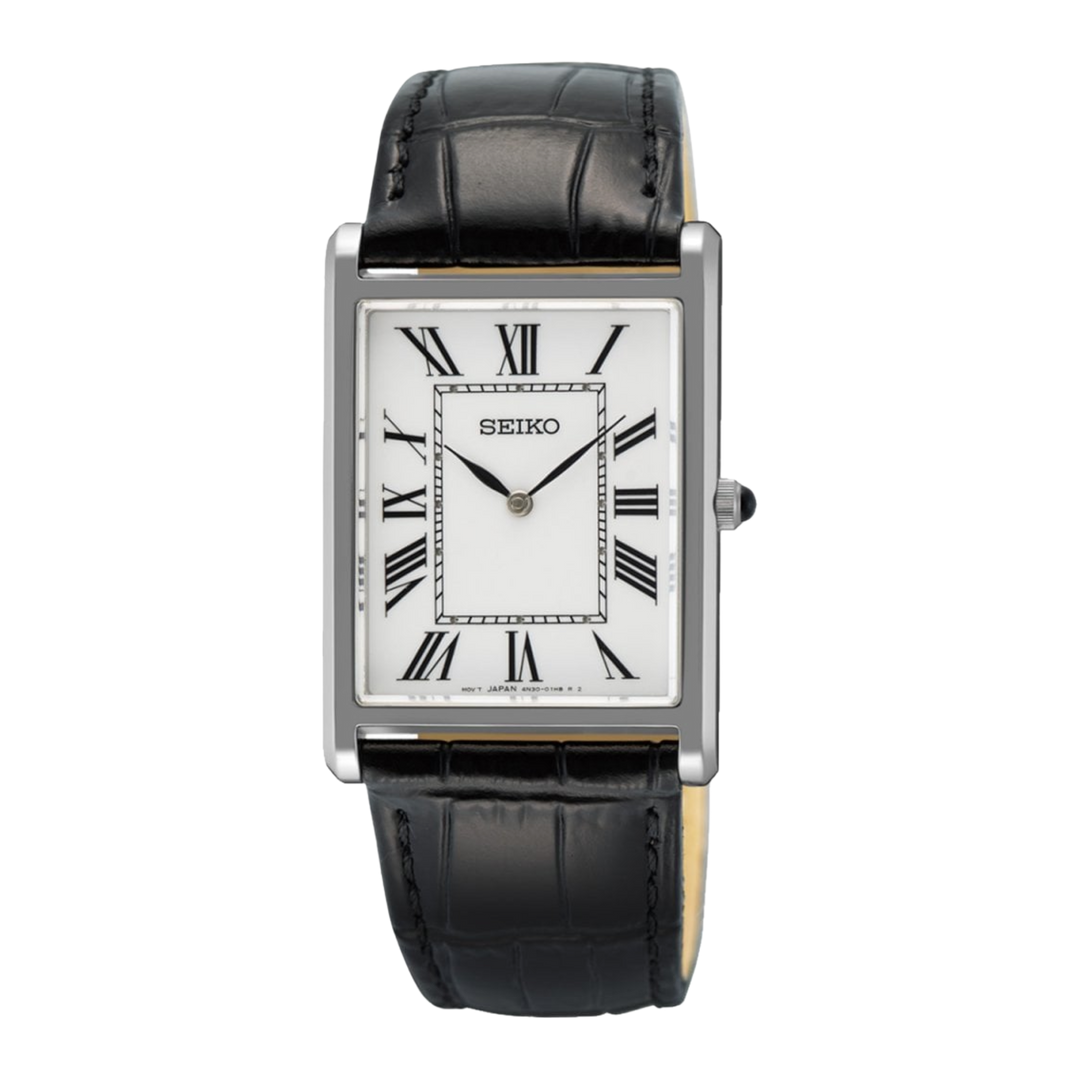 Seiko Essentials (Tank) SWR103P1 Analog Sapphire Crystal Leather Strap Men’s Watch