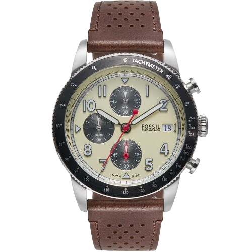 Fossil FS6042 Sport Tourer 42mm Cream Chronograph Dial Brown Leather Strap  Men's Watch