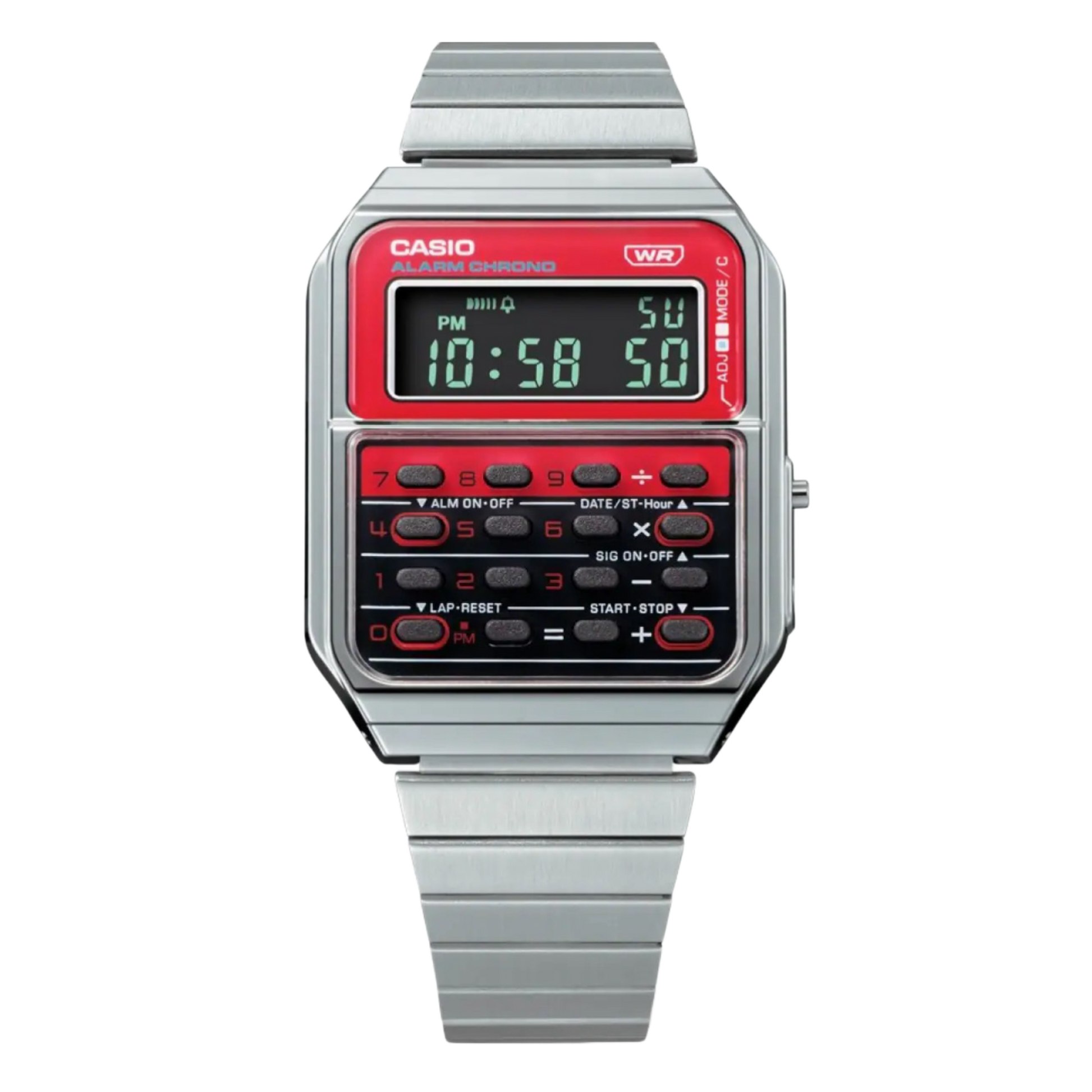 Casio Vintage Calculator Red Stainless Steel Bracelet CA 500WE 4B Me mzwatcheslk