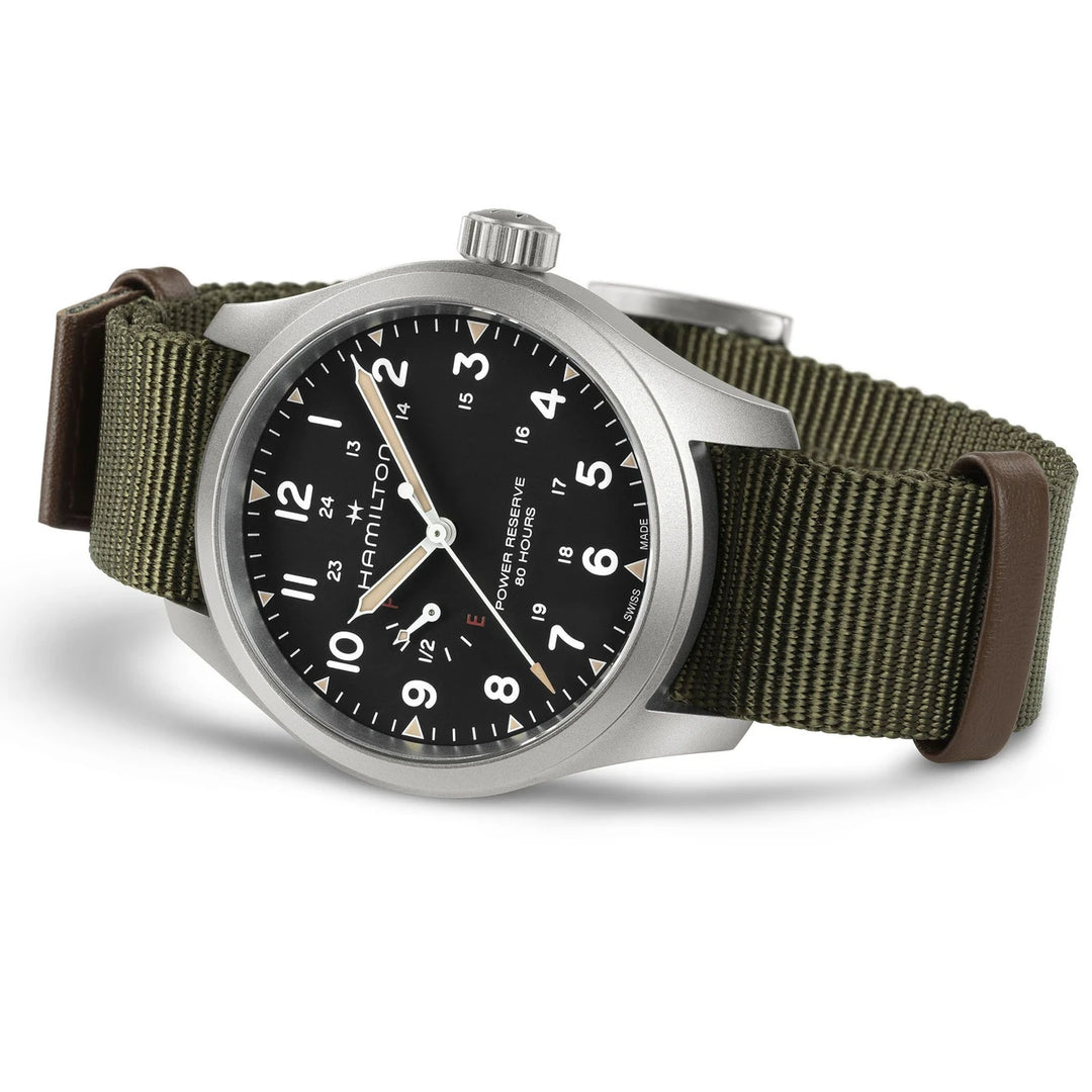 Hamilton Khaki Field H69509930 Power Reserve Mechanical (40mm) Black Dial / Green NATO Textile Strap Men's Watch