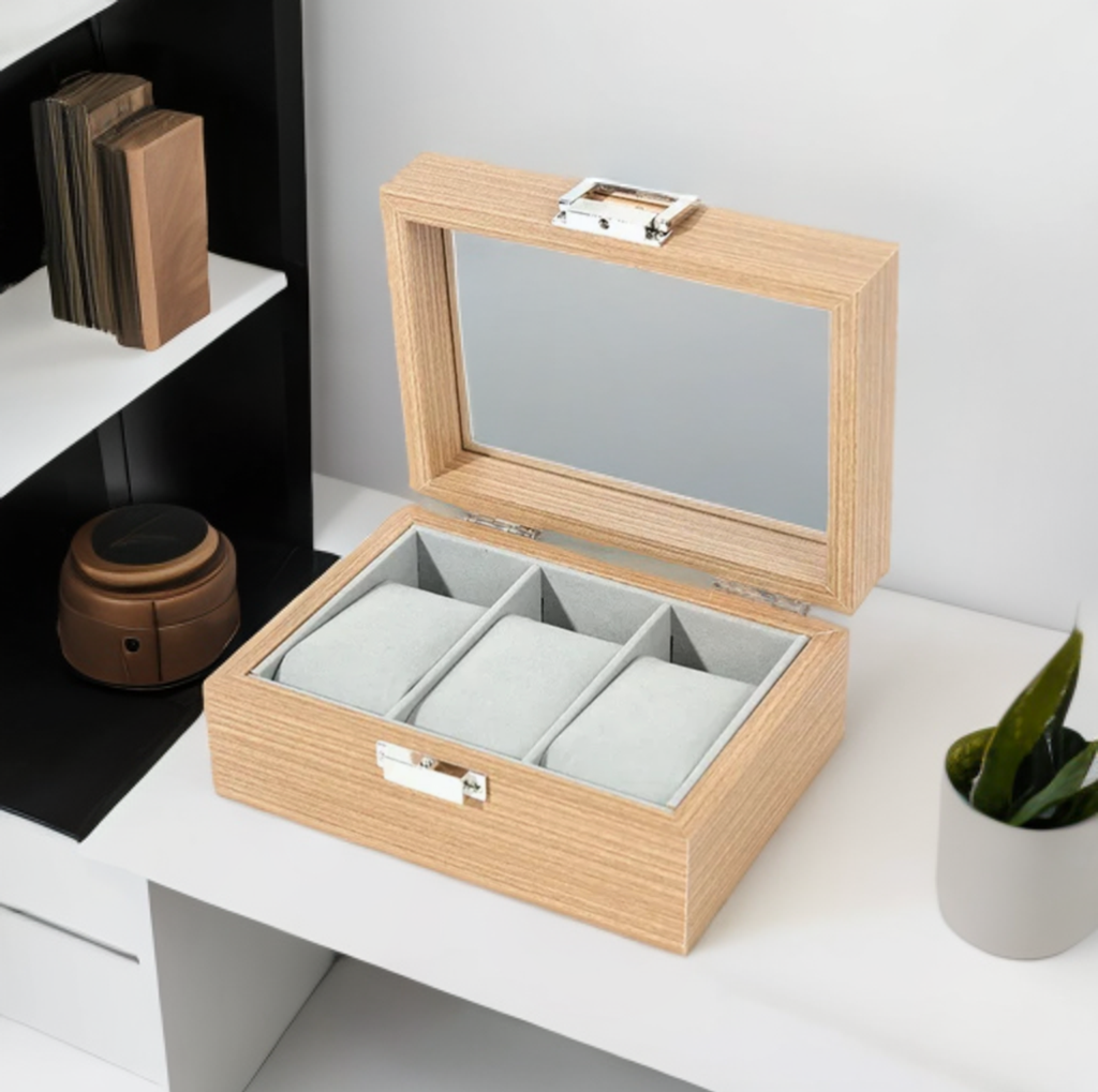 3 Slot Laminate Wood Watch Storage Box (Bamboo Colour)/Watch Box Holder/Case/Organiser with Display Glass