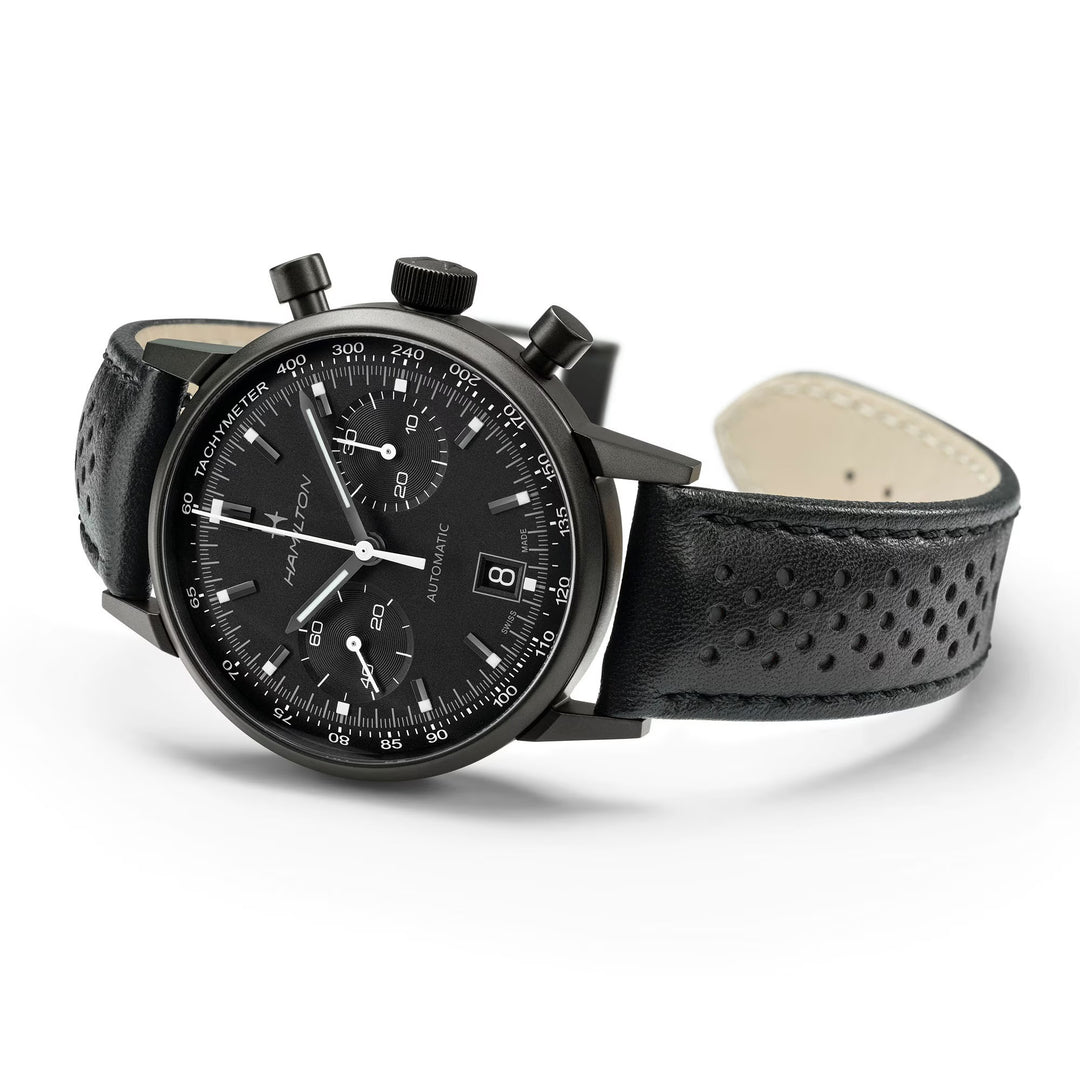 Hamilton American H38446730 Classic Intra-Matic Auto Chrono (40mm) Black Dial / Black Perforated Leather Strap Men's Watch