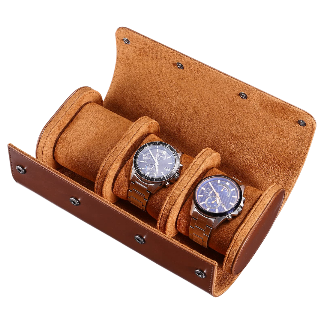 3 Slots Brown Luxury Watch Storage Box/ Roll Travel Case Chic Portable Vintage Leather