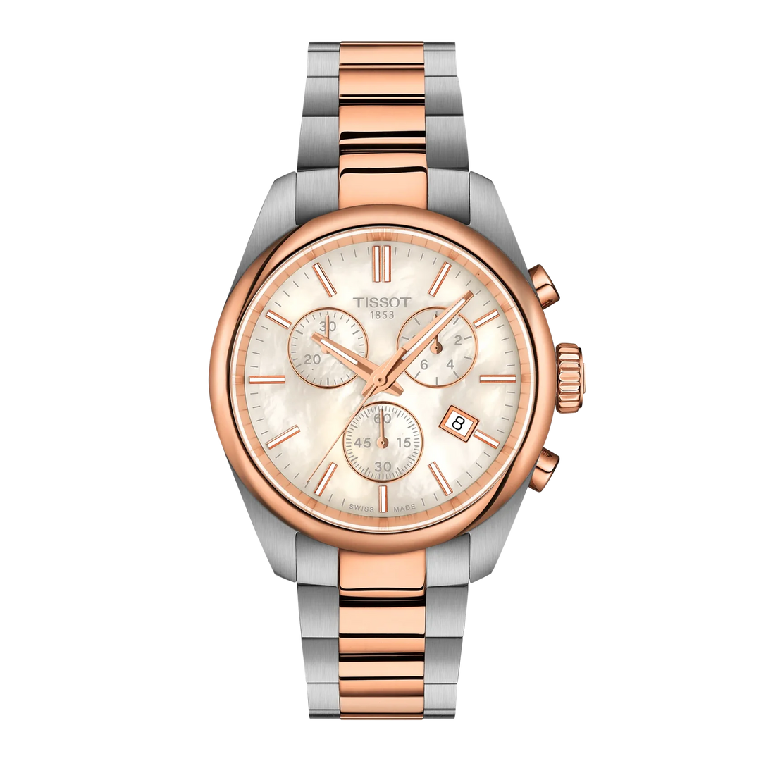 Tissot T1502172211100 PR 100 Quartz Chronograph (36mm) White Mother of Pearl Dial Two Tone Stainless Steel Bracelet Women's Watch