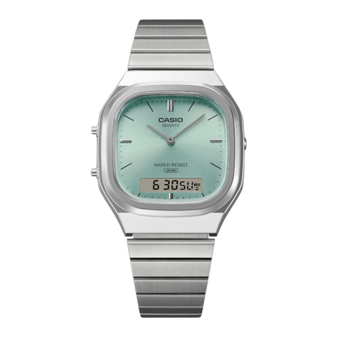 Casio Vintage AQ-240E-2A Dual-Display (35.8mm) Light Blue Sunray Dial / Stainless Steel Bracelet Unisex Watch