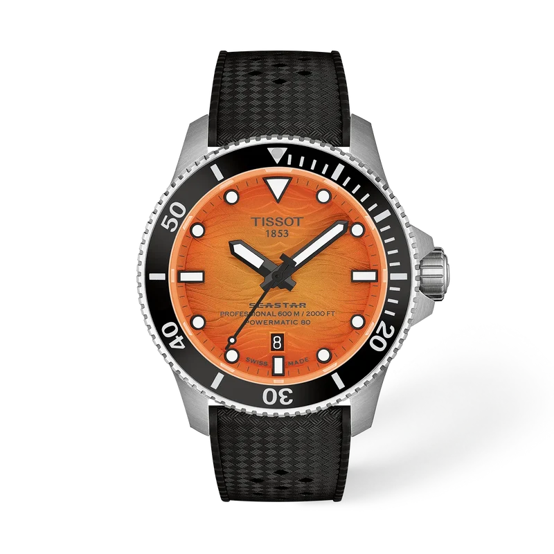 Tissot T1209071728100  Seastar 2000 Powermatic 80 (44mm) Orange Wave Dial Black Rubber Strap Men's Watch