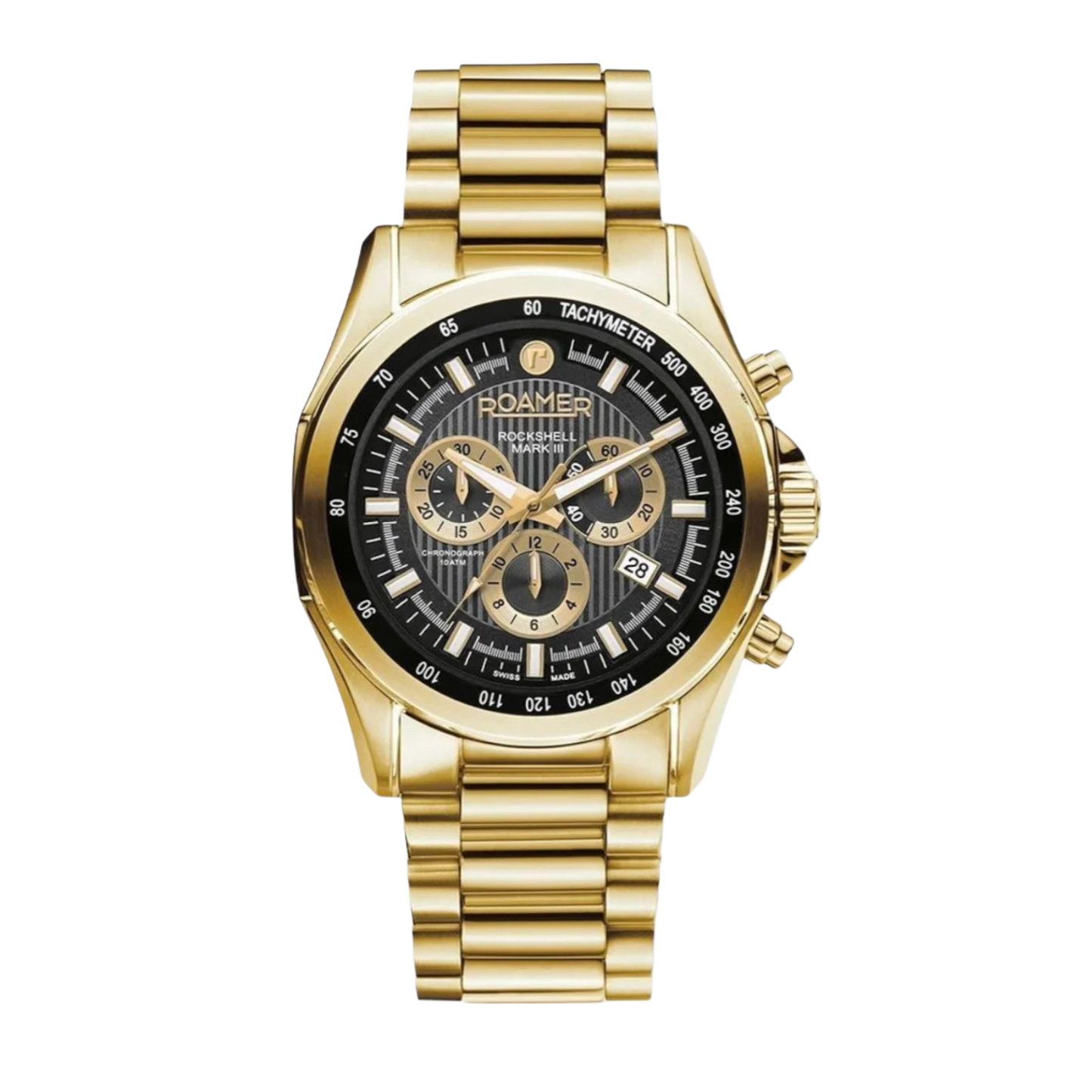 Roamer Rockshell 220837 48 55 20 Mark III Chrono Black Dial Gold IP Bracelet Men's Watch