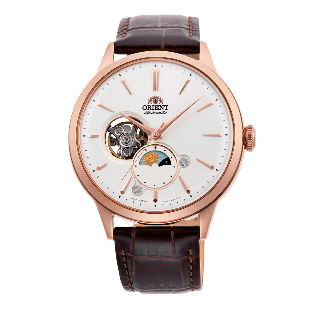 Orient Bambino RA-AS0102S10B Sun & Moonphase Open Heart Mechanical Ivory Dial / Brown Leather  Men's Watch