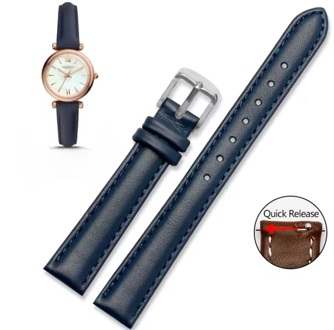 14mm Navy Blue Soft Cowhide Watchband for Casio,Citizen, DW, Fossil Plain Genuine Leather Watch band for Women’s Watch