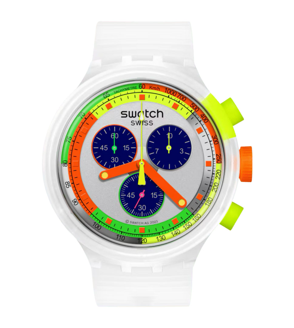Swatch NEON JELLY (47mm) SB02K100 Multi-Coloured Dial / Matte Transparent Silicone Strap
Men’s Watch