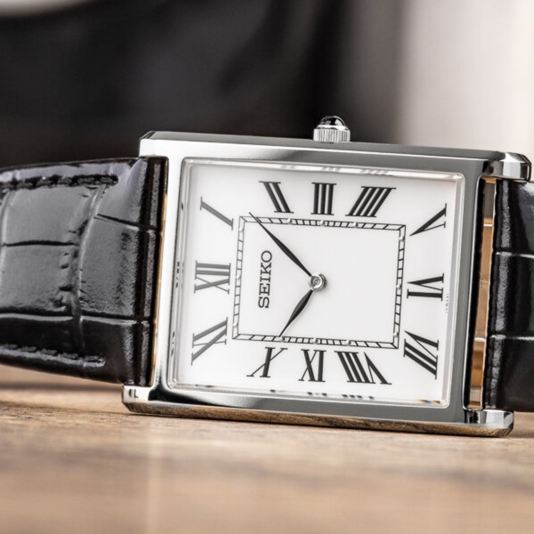 Seiko Essentials (Tank) SWR103P1 Analog Sapphire Crystal Leather Strap Men’s Watch