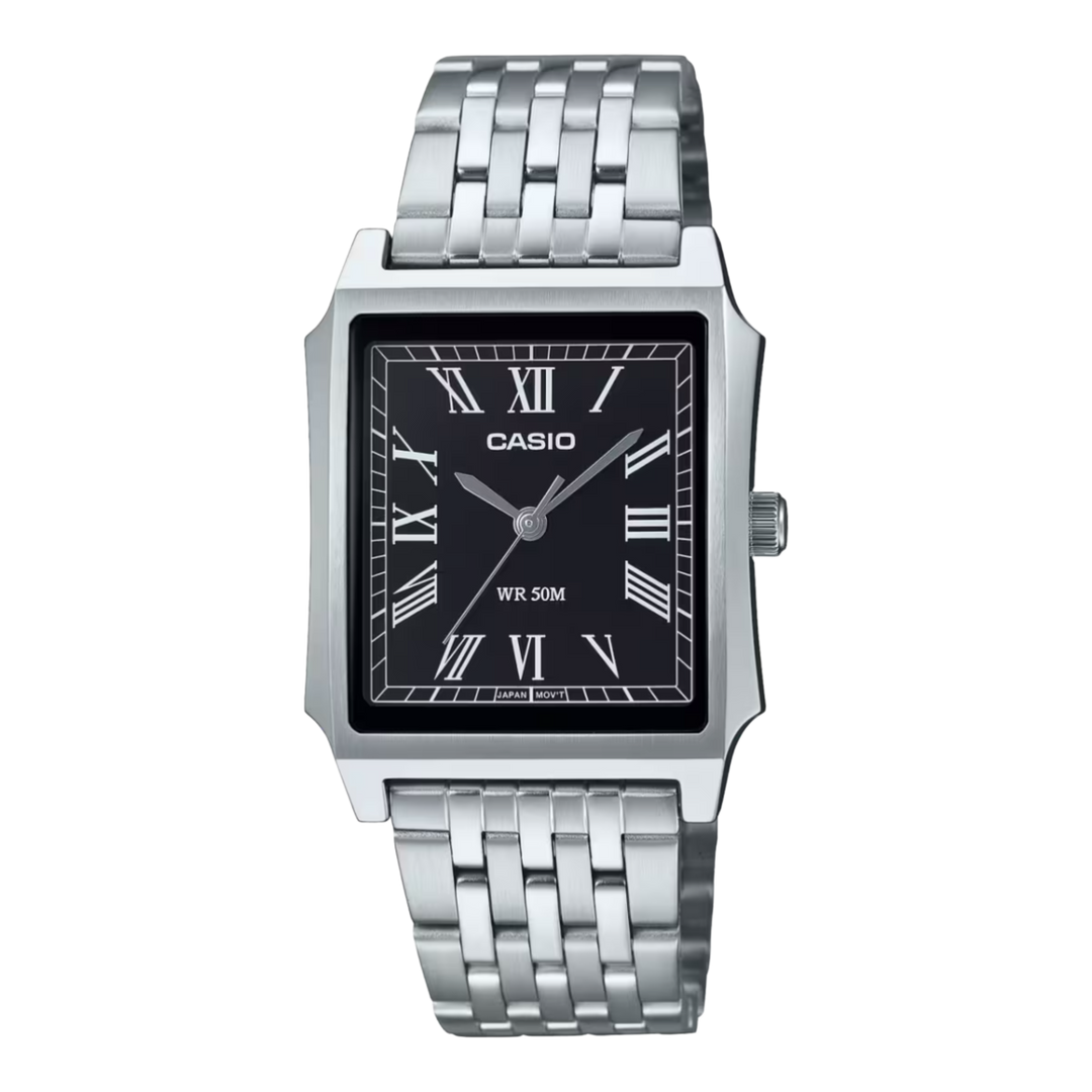 Casio Standard (Cartier Tank Type) Analogue MTP-B190D-1BV Quartz Black Dial Steel Strap Men’s Watch