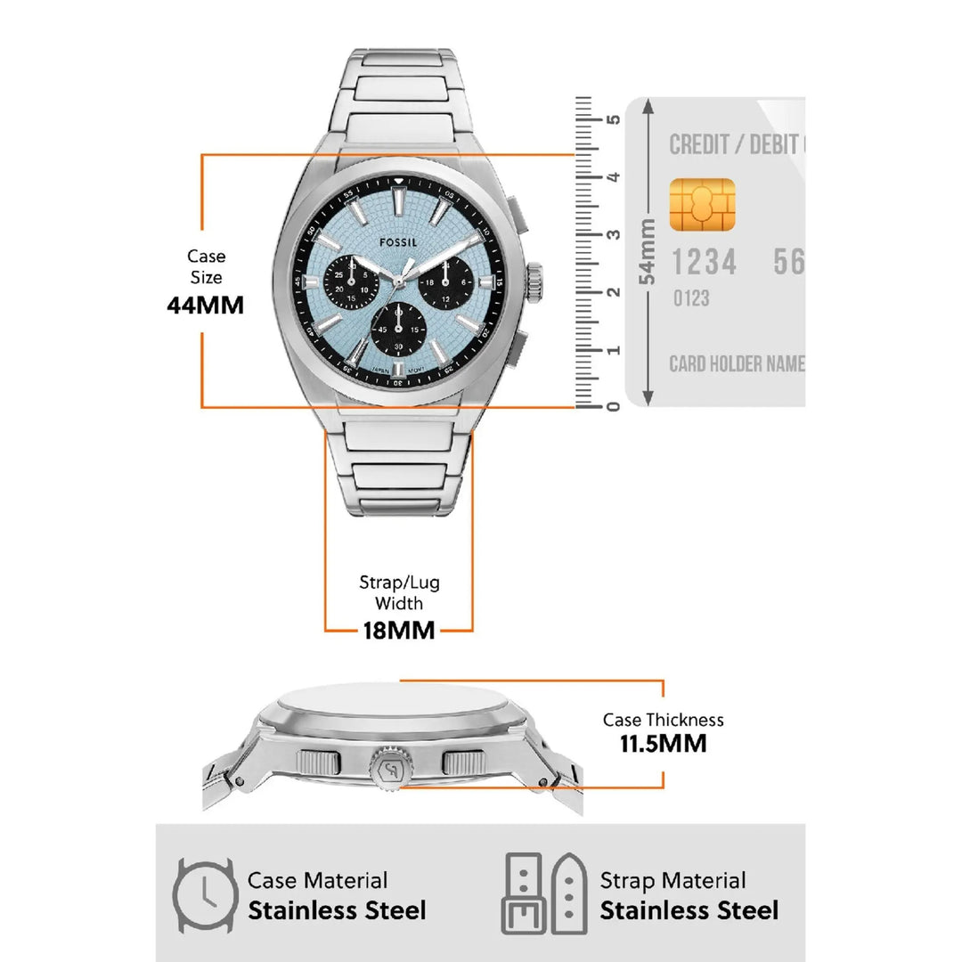 Fossil FS6105 Everett Ice Blue Dial Chronograph Stainless Steel Bracelet Men's Watch