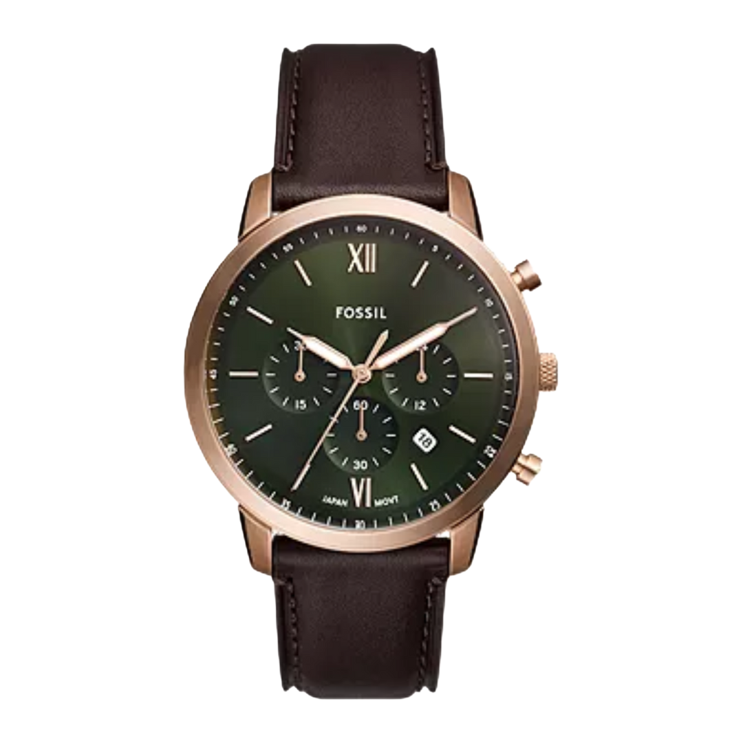 Fossil FS6073 Neutra Chronograph 44mm Green Dial Rose Gold Bezel Men's Watch