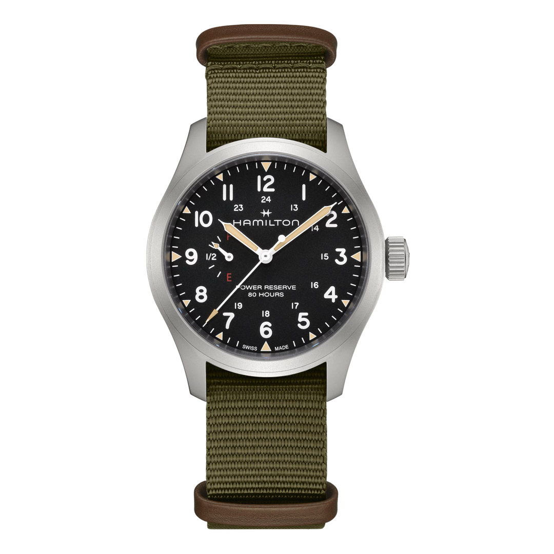 Hamilton Khaki Field H69509930 Power Reserve Mechanical (40mm) Black Dial / Green NATO Textile Strap Men's Watch