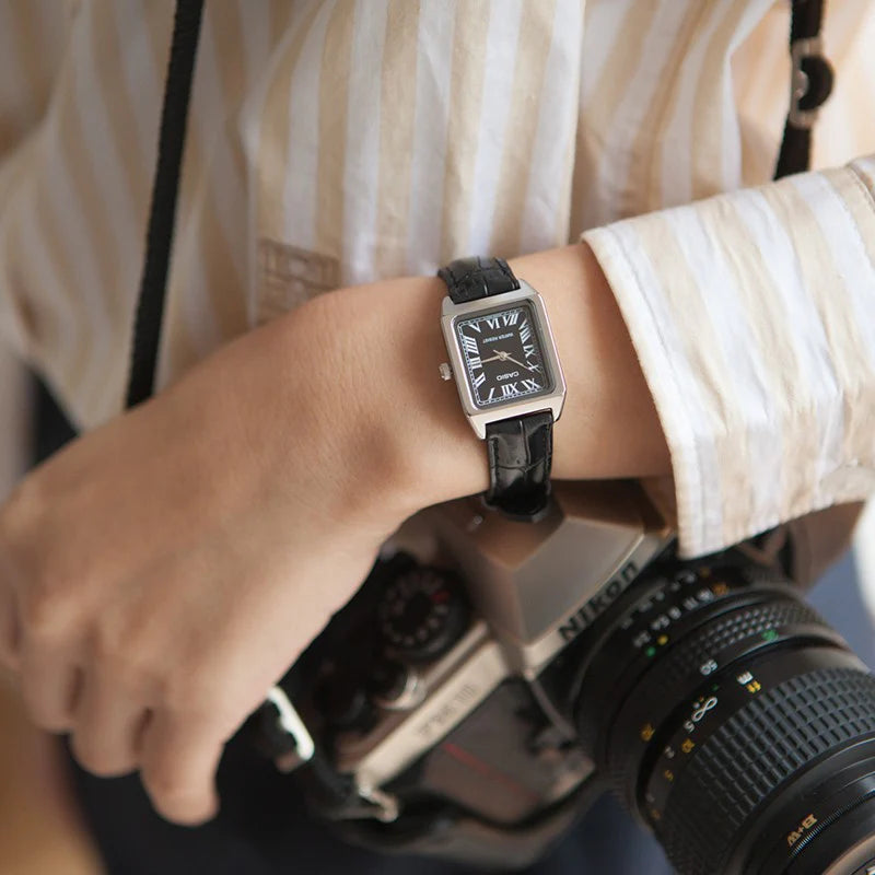 Casio LTP V007L 1B Cartier Tank Style Analog Quatrtz Black Leather