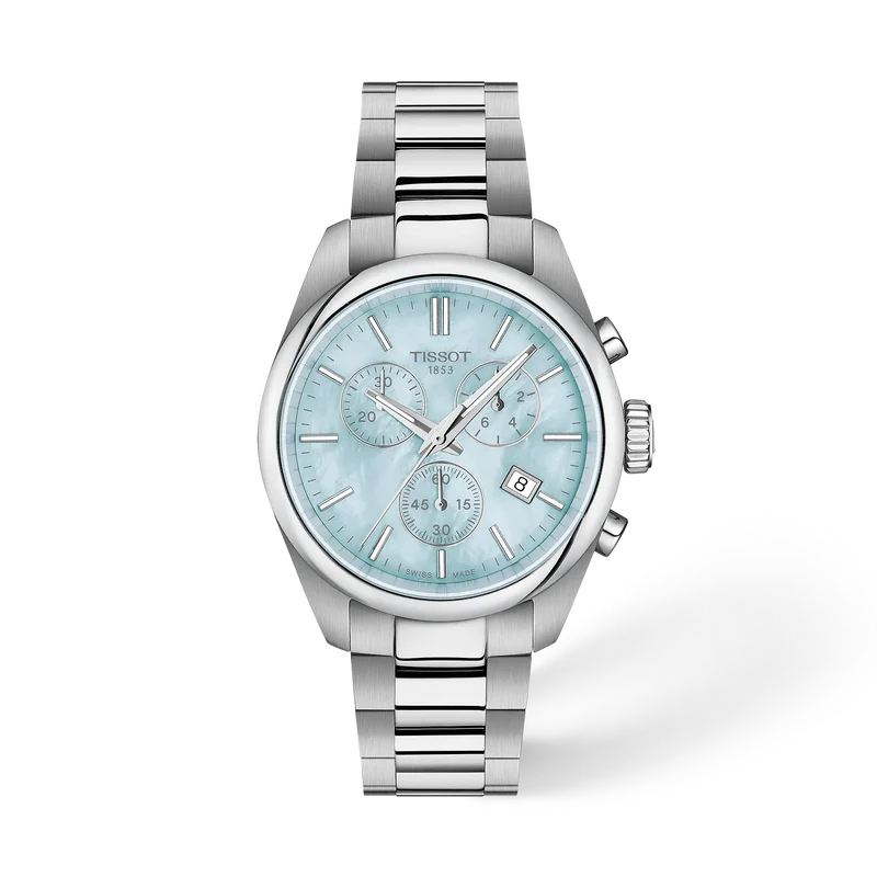 Tissot T1502171113100 PR 100 Quartz Chronograph (36mm) Light Blue Mother of Pearl Dial Stainless Steel Bracelet Women's Watch