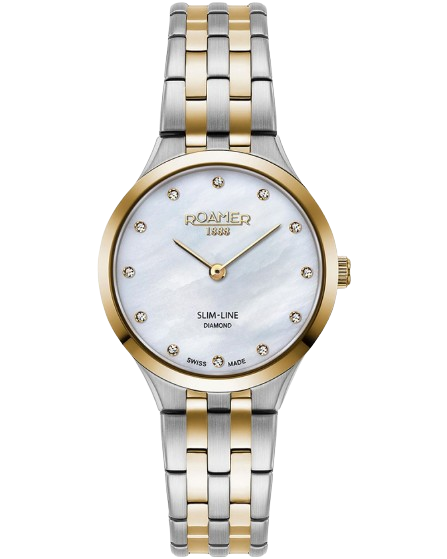 Roamer 512847 47 89 20  Slim Line Classic Ladies White MOP Diamond Dial Yellow Gold Bi Colour Bracelet Women's Watch