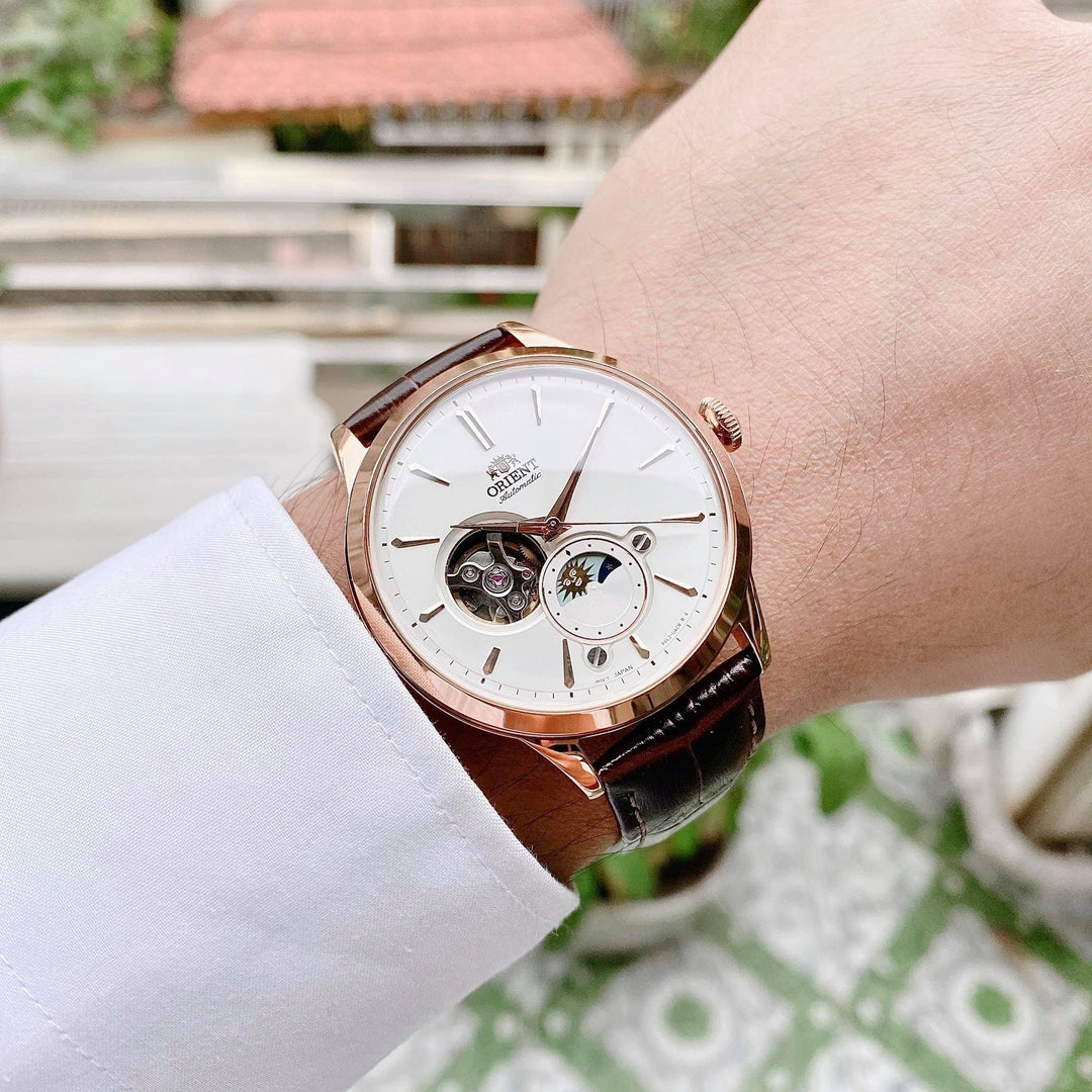 Orient Bambino RA-AS0102S10B Sun & Moonphase Open Heart Mechanical Ivory Dial / Brown Leather  Men's Watch